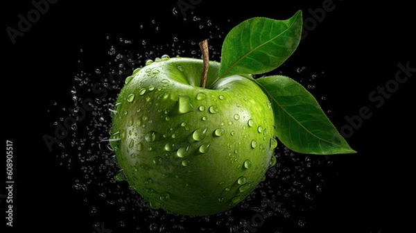 Fototapeta Beautiful green apple with water drops and leaves over isolated background, 8k, generative ai