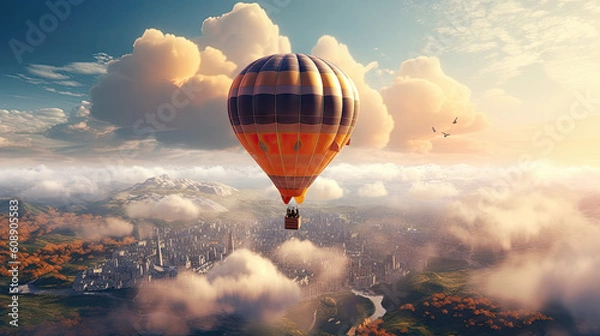 Obraz Hot air balloon in the clouds over a beautiful city, 8k, generative ai