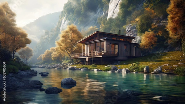 Obraz Beautiful villa on the lake with mountains in the background, 8k, generative ai