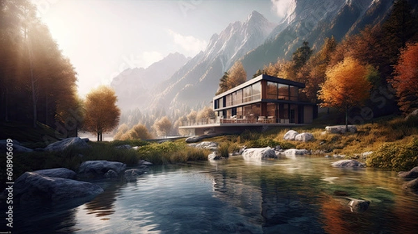 Obraz Beautiful villa on the lake with mountains in the background, 8k, generative ai