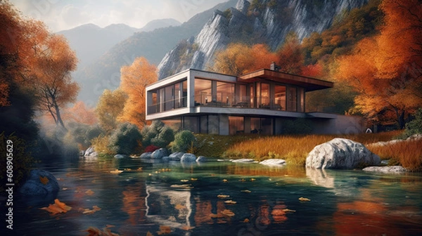 Obraz Beautiful villa on the lake with mountains in the background, 8k, generative ai