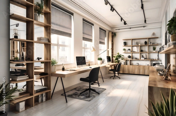 Fototapeta modern office with white walls and wooden desks