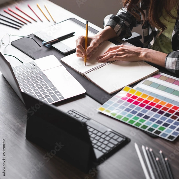Fototapeta Graphic designer working with sketching logo design at office.