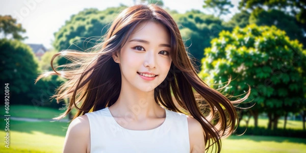 Obraz 笑顔でカメラ目線のロングヘアの日本人女性(モデル美女)
