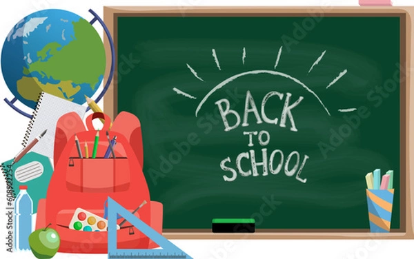 Obraz Vector back to school design layout with green chalkboard and school supplies copy space included