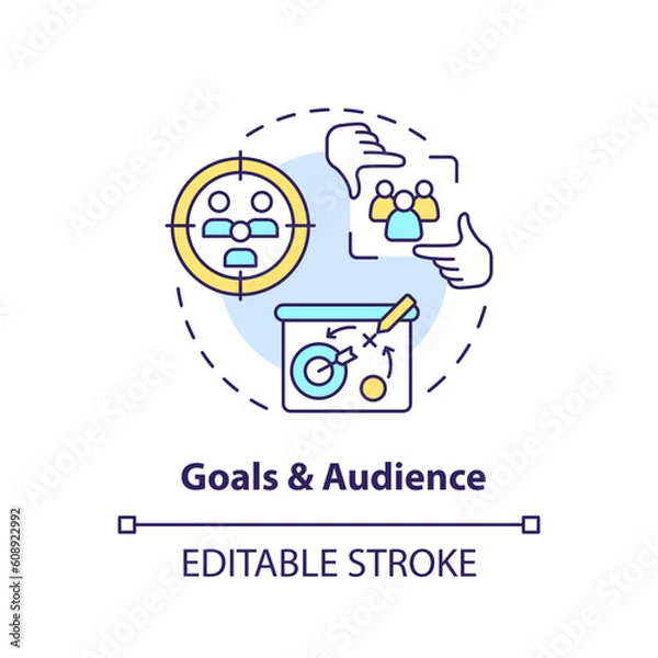 Fototapeta Goals and audience concept icon. Driving sales. Business target. Social media strategy. Personal blog. Marketing plan abstract idea thin line illustration. Isolated outline drawing. Editable stroke