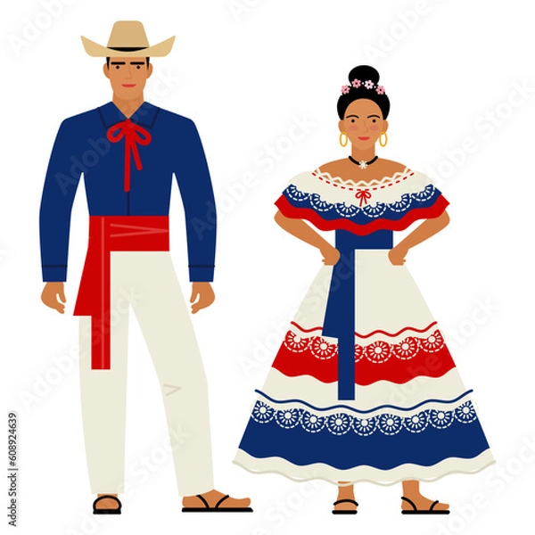 Fototapeta girl and young man in Costa Rican folk costume isolated on a white background. couple of young people in the national traditional clothes of Costa Rica. flat drawing in cartoon style. stock vector EPS