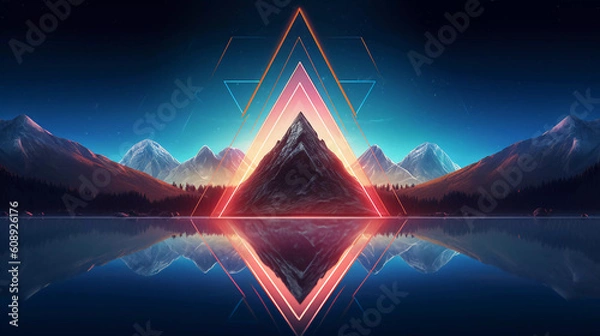 Obraz Abstract neon background with geometric triangle shape, Beautiful frame and extraterrestrial landscape under the night sky and Rocks. Futuristic minimalist wallpaper. Created with Generative AI.	