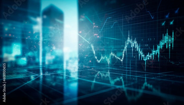 Fototapeta Double exposure of abstract financial graph. AI generated.