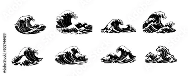 Fototapeta Set of sea wave silhouette isolated on white background. Nature ocean graphic symbol vector illustration