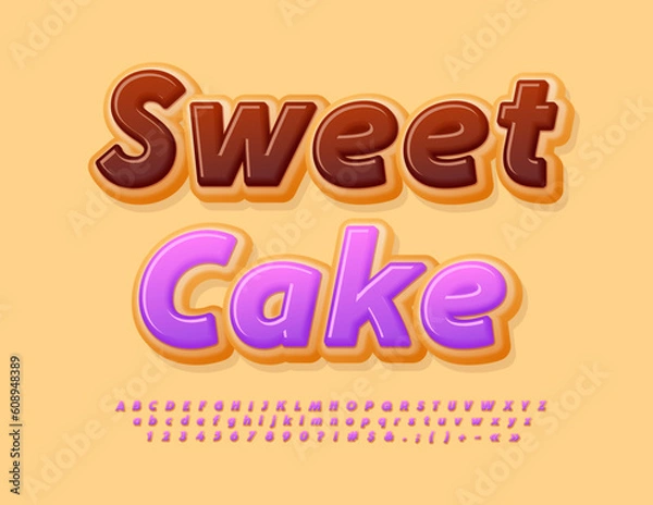Obraz Vector bright Emblem Sweet Cafe.   Lilac glazed Font. Tasty Donut Alphabet Letters and Numbers