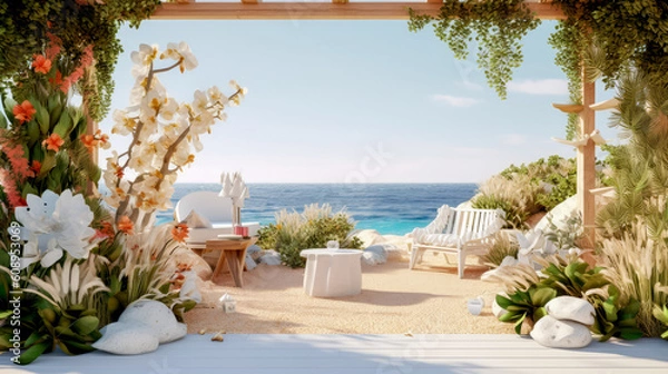 Obraz Summer beach landscape,stream, sand and sea with clear sky.Use for product presentation and banner.Generative AI