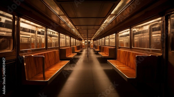 Fototapeta A subway car filled with lots of wooden benches, illustration, Generative AI