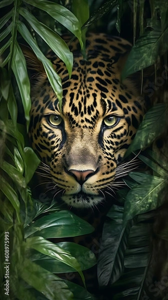 Obraz Leopard head Crawling​​​ from jungle, generative ai
