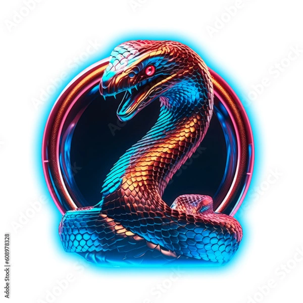 Fototapeta Snake, metal and neon game emblem, cyberpunk style game badges on transparent background. Made with Generative AI