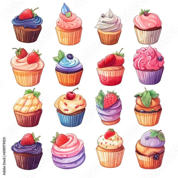 Fototapeta Set of watercolor cupcakes isolated on white background. Hand drawn watercolor illustration. Cream and berries. Sweet tasty food illustration. Ai generative.