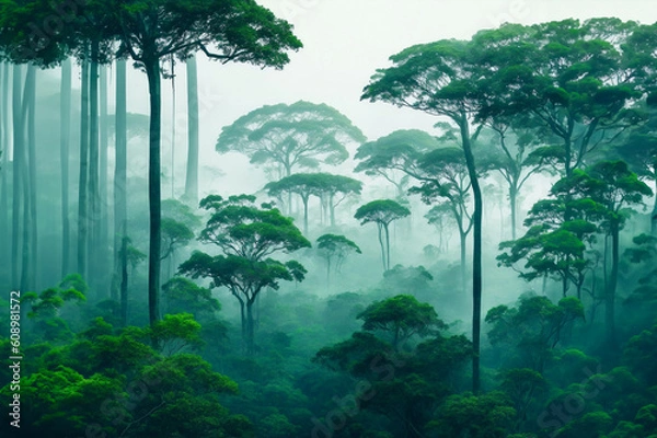 Fototapeta Misty Morning: Enchanting treetops of a virgin rainforest, showcasing diverse canopies, towering giants, and a rich tapestry of life. Nature's symphony