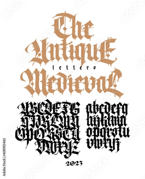 Fototapeta Gothic, English alphabet. Vector. Medieval Latin letters and numbers. Signs and symbols for tattoos. Ancient European style. Calligraphy and lettering. Separate uppercase and lowercase letters.