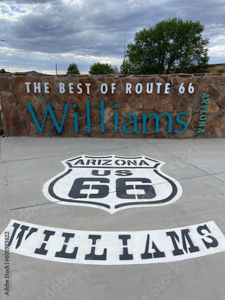 Obraz City of Williams, Arizona, USA, June 22, 2022: Route 66 Williams Sign at Bill Williams Avenue in Williams, AZ.