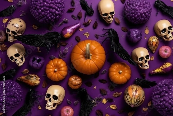 Fototapeta Top view Skulls, pumpkins and horror elements on purple background for holiday Halloween. Generative AI