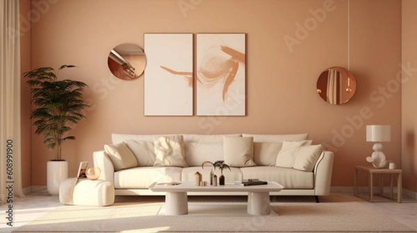 Fototapeta The photo showcases a beige glossy backdrop, which imparts a luxurious and modern appearance to the image. The glossy surface creates a sense of depth and reflections, adding vibra Generative AI