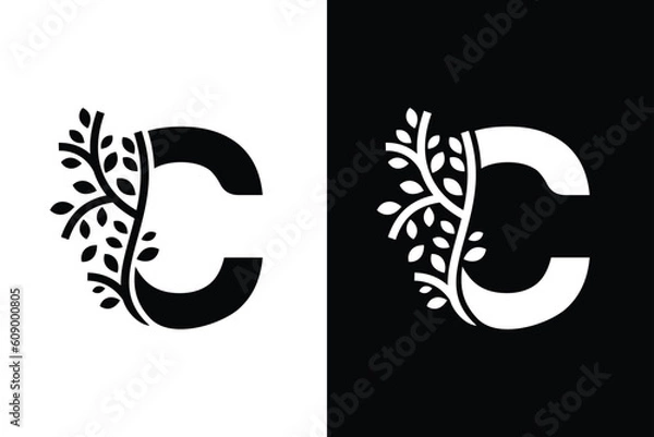 Fototapeta Letter C alphabet and growing leaf with black and white color. Very suitable for symbol, logo, company name, brand name, personal name, icon, identity, business, marketing and many more.