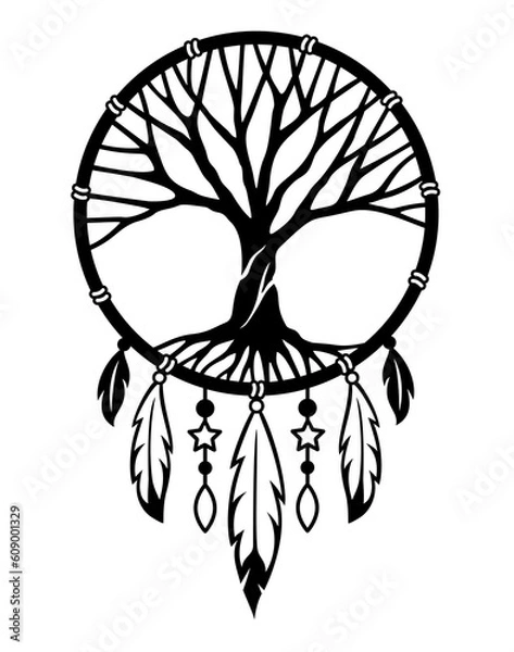 Obraz Dream catcher with tree of life inside. Tribal indian symbol. Ethnic vector illustration. Dreamcatchers silhouette. Boho style design