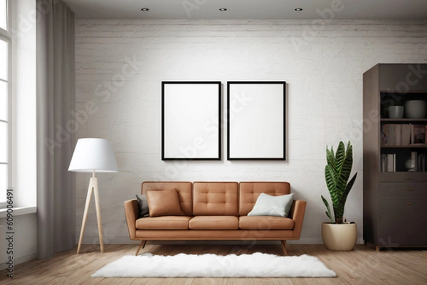 Fototapeta Modern vintage orange sofa.  Mockup for artwork. Generative AI.