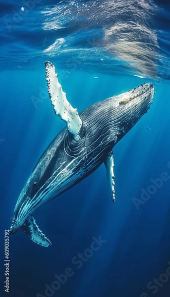 Obraz Underwater shot of whale is swimming in the blue ocean or sea. Generative AI
