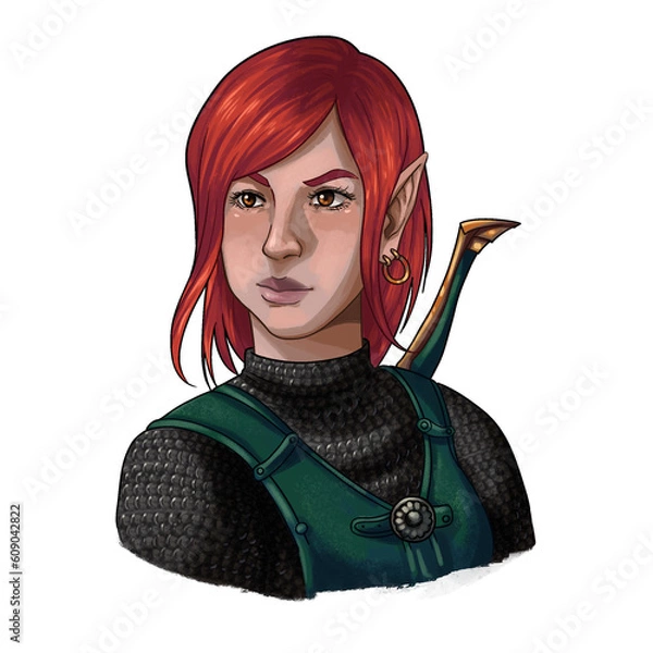 Obraz PNG transparent background fantasy character illustration. Female elf, half-elf ranger, hunter, warrior. digital illustration.
