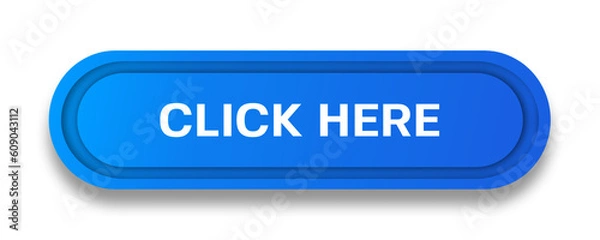 Fototapeta Blue click here button on transparent background. 3d click here push button in PNG format.