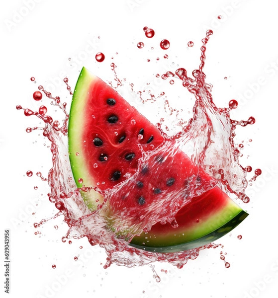 Fototapeta dynamic fresh piece of a water melon with water splash on transparent background - refreshing summer food fruit concept