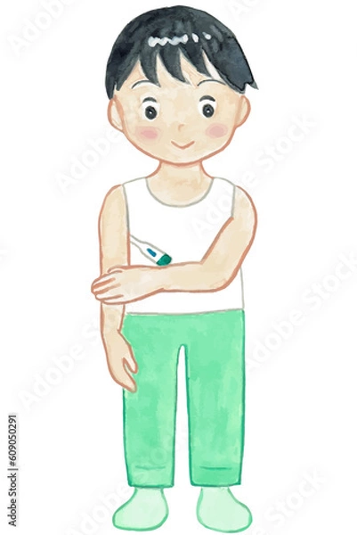 Fototapeta 水彩画の体温測る男の子