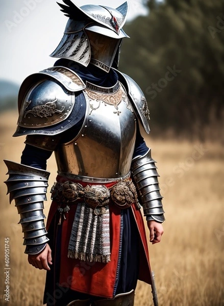 Fototapeta person in a suit of metal armour standing in a field