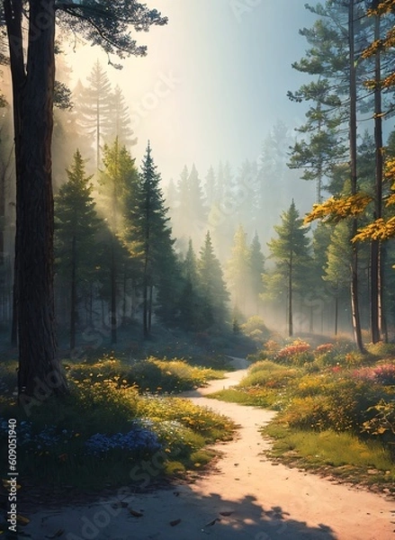 Fototapeta a path going through a forest with trees