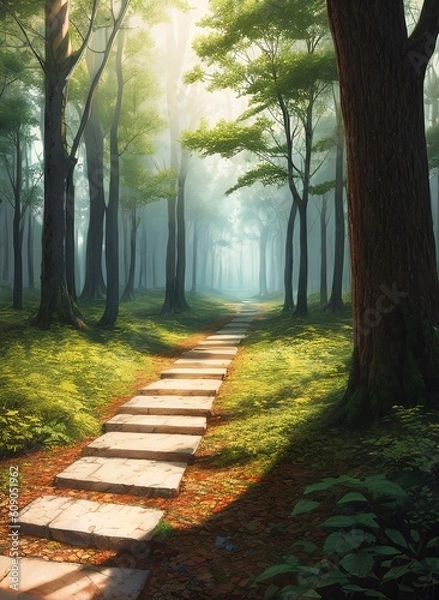 Fototapeta a path going through a forest with trees