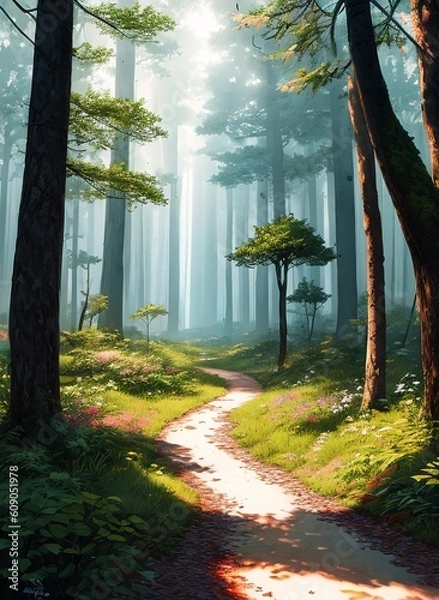 Fototapeta a path going through a forest with trees