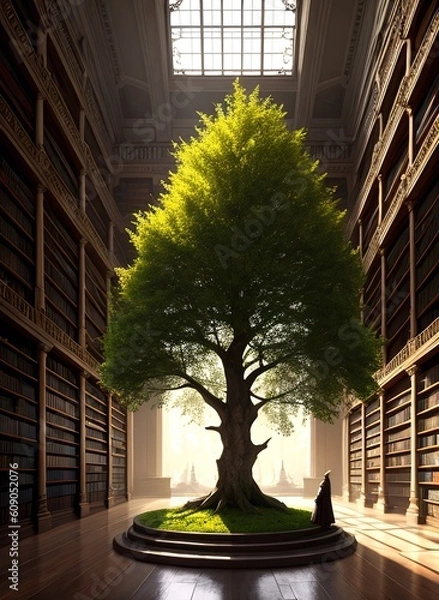 Fototapeta a library with a green tree inside it