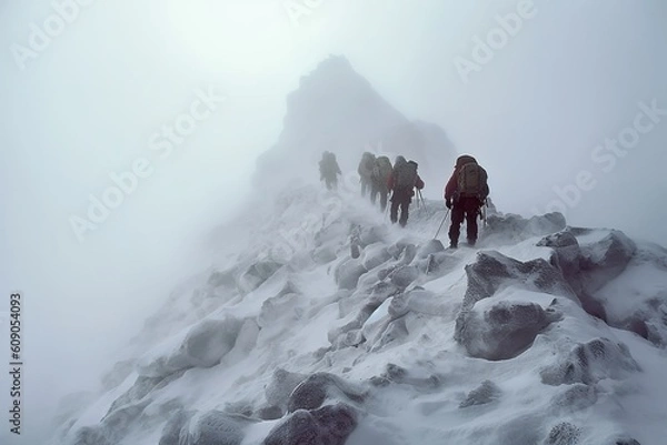 Fototapeta people climbing up mount everest in snow storm generative ai