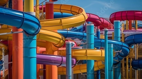 Fototapeta Water park, bright multi-colored slides with a pool. A water park without people on a summer day. Ai Generative