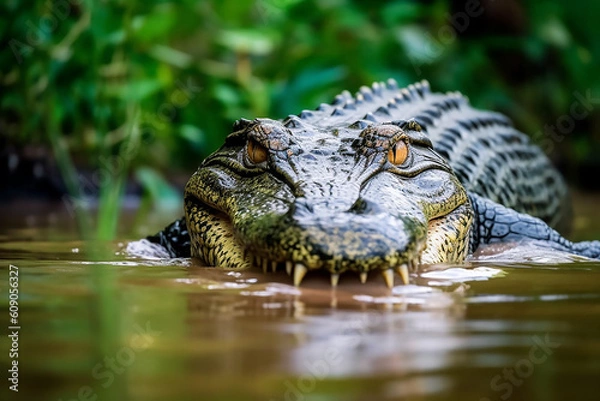 Fototapeta American crocodile swimming around the magrove forest. Generative AI