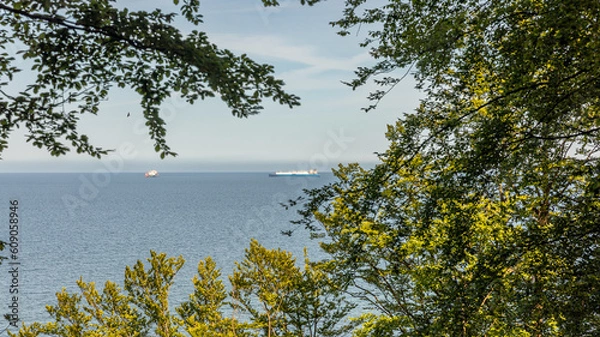 Obraz Hochufer mit Wald und Blick auf die Ostsee in Sellin - LNG Schiffe in der Bucht vor Mukran