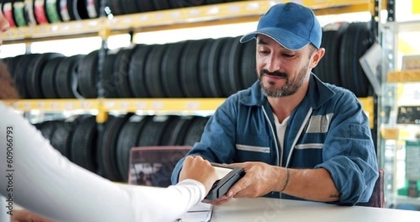 Obraz Car mechanic man in blue uniform hold payment terminal for paying with credit card while owner driver customer using credit card touching for pay at vehicle repair shop 