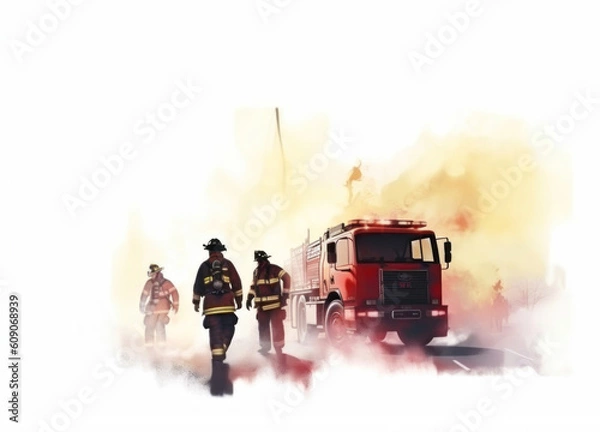 Obraz Generative AI illustration painting of a firemen on white background
