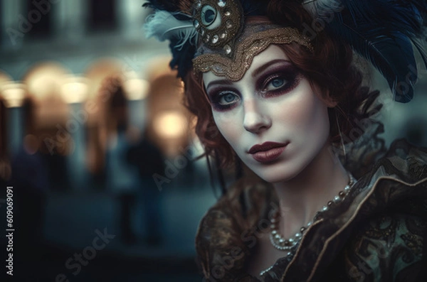 Obraz Generative AI Venice Carnival Photorealistic porteit beautiful girl