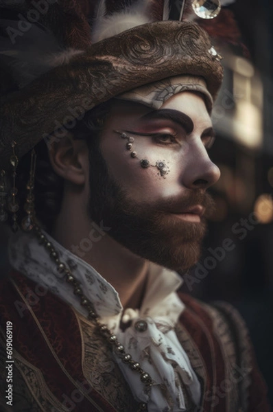 Obraz Generative AI Venice Carnival Photorealistic porteit beautiful men