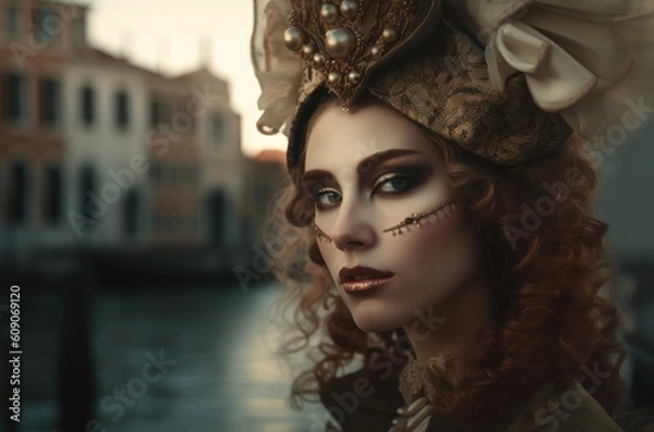 Obraz Generative AI Venice Carnival Photorealistic porteit beautiful girl