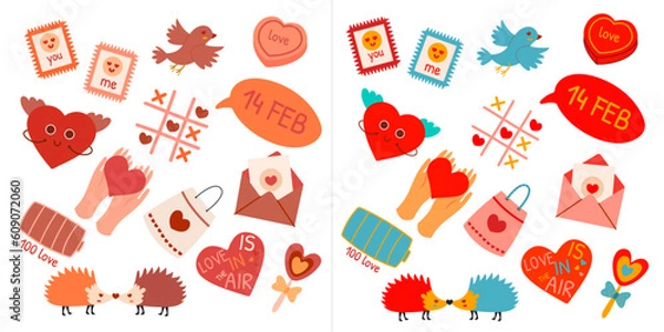 Fototapeta Valentines Day set. With heart and other elements on a white background. vector