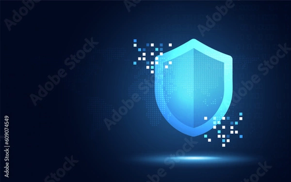Fototapeta Futuristic cyber security shield guard blue abstract digital glowing background. Hacking technology computer network protection concept. Cybersecurity system tech sign symbol. Vector illustration