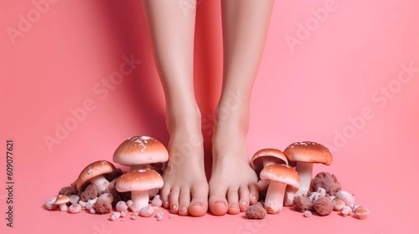 Fototapeta image with female bare legs, feet with mushrooms between fingers. health care. foot fungus. AI generative